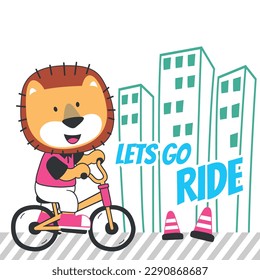 Cute lion riding a bicycle. Trendy children graphic. Vector illustration. T-Shirt Design for children. Design elements for kids.
