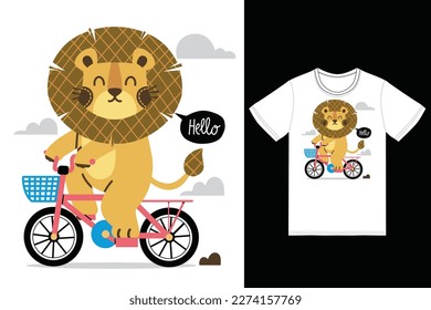 Cute lion riding bike illustration with tshirt design premium vector the Concept of Isolated Technology. Flat Cartoon Style Suitable for Landing Web Pages,T shirt, Flyers, Stickers