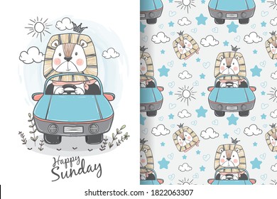 cute lion riding in car hand drawn illustration & seamless pattern