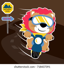 Cute lion riding motorcycle, vector cartoon illustration
