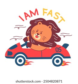 cute lion riding a racing car cartoon illustration.vector animal racing wheel fire.good for kids t-shirts,stickers and many others