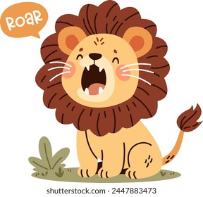 Cute lion roaring loudly with his mouth open. Speech bubble and roar caption.  Flat vector illustration in children's style 