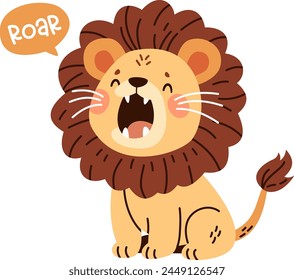 Cute lion roaring loudly with his mouth open. Speech bubble and roar caption. Flat vector illustration in children's style 