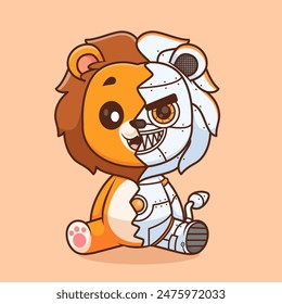 Cute Lion Robot Cyborg Cartoon Vector Icon Illustration. Animal Technology Icon Concept Isolated Premium Vector. Flat Cartoon Style