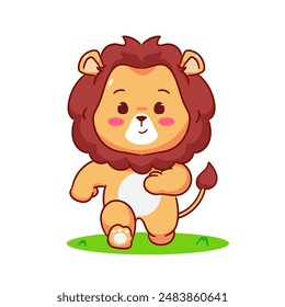 Cute Lion Running Cartoon Character. Adorable and Kawaii Animal Icon Mascot Concept Design. Logo Vector Illustration. Isolated White Background.