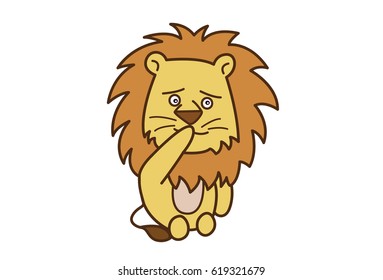 Cute Lion Sad. Vector Illustration. Isolated on white background.