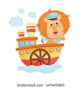 Cute lion sailing on the steamer. Vector illustration on white background.
