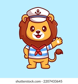 Cute Lion Sailor Captain Waving Hand Cartoon Vector Icon Illustration. Animal Holiday Icon Concept Isolated Premium Vector. Flat Cartoon Style