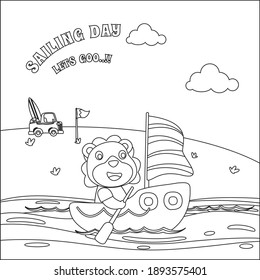 Cute lion sailor on the boat with cartoon style. Creative vector Childish design for kids activity colouring book or page.