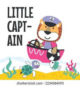 Cute lion sailor on the boat. Can be used for t-shirt print, kids wear fashion design, baby shower invitation card. fabric, textile, nursery wallpaper, poster.