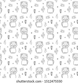 Cute Lion Seamless Pattern, Cartoon Hand Drawn Animal Doodles Vector Illustration Background .