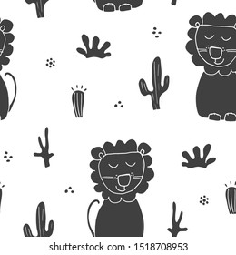 Cute Lion Seamless Pattern, Cartoon Hand Drawn Animal Doodles Vector Illustration Background .