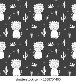 Cute Lion Seamless Pattern, Cartoon Hand Drawn Animal Doodles Vector Illustration Background .