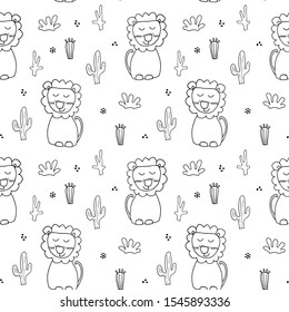 Cute Lion Seamless Pattern, Cartoon Hand Drawn Animal Doodles Vector Illustration Background .