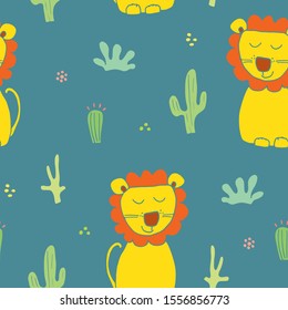 Cute Lion Seamless Pattern, Cartoon Hand Drawn Animal Doodles Vector Illustration Background .