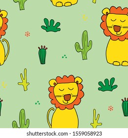 Cute Lion Seamless Pattern, Cartoon Hand Drawn Animal Doodles Vector Illustration Background .