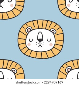 Cute lion seamless pattern. Cartoon hand drawn vector print for kids.