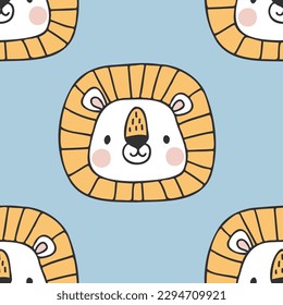 Cute lion seamless pattern. Cartoon hand drawn vector print for kids.