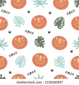 Cute lion seamless pattern. Funny animals in Scandinavian style. Cartoon lion head and palm trees. Baby print. Hand drawn lion cubs. Creative kids background.