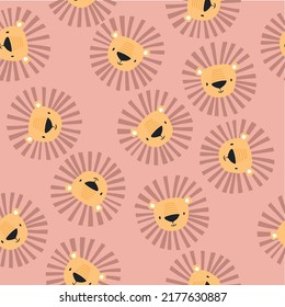 Cute lion seamless pattern. Hand-drawn vector illustration for posters, cards, t-shirts, texture for fabric, wrapping, textile, wallpaper, and apparel. Childish background with animal faces