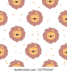 Cute lion seamless pattern. Hand-drawn vector illustration for posters, cards, t-shirts, texture for fabric, wrapping, textile, wallpaper, and apparel. Childish background with animal faces 