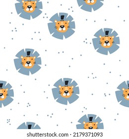 Cute lion seamless pattern. Hand-drawn vector illustration