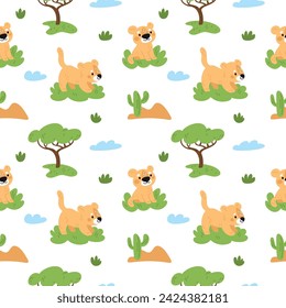 Cute lion seamless pattern. Repeated funny lioness cubs. Kids print. Elements of savannah. Cartoon predatory animals. Safari trees. Wild feline baby mammals. Garish