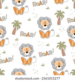 Cute lion seamless pattern with roar text and palm tree. Vector Illustration.