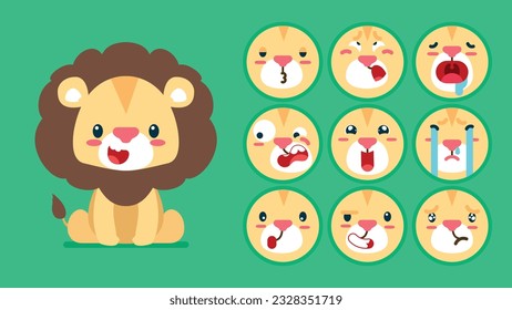 Cute Lion, Tieremotionen, winziger Löwe mit Emoji-Kollokation, Schlafen, Weinen, traurig, gelangweilt, glücklich, aufgeregt, liebenswert, überrascht, unvorsichtig, selbstbewusst, erschreckt, betäubt, flat Vectoravatar