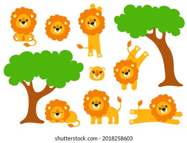 Cute lion set. Wild animal. Cartoon character. Colorful vector illustration. Isolated on white background. Design element. Template for your design, books, stickers, cards.