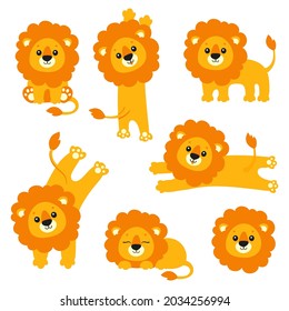 Cute lion set. Wild animal. Cartoon character. Colorful vector illustration. Isolated on white background. Design element. Template for your design, books, stickers, cards.