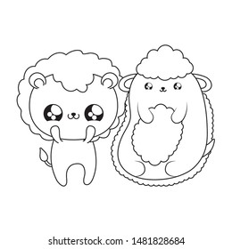 cute lion with sheep baby animals kawaii style
