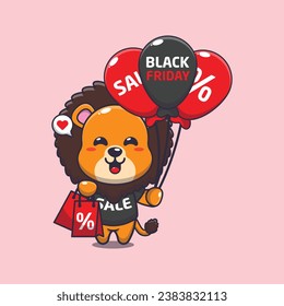 cute lion with shopping bag and balloon at black friday sale cartoon vector illustration