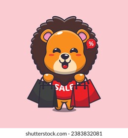 cute lion with shopping bag in black friday sale cartoon vector illustration