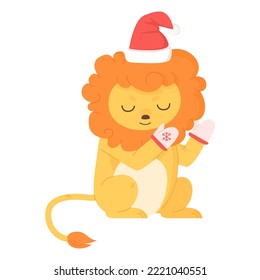 Cute lion sit with christmas hat and warm gloves.