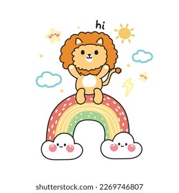 Cute lion sit on rainbow with cloud and star on white background.Wild animal character cartoon design.Baby clothing.Kawaii.Vector.Illustration.