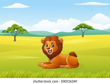 Cute lion sitting in the African landscape