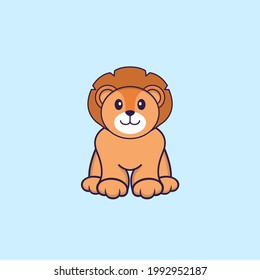 Cute lion is sitting. Animal cartoon concept isolated. Can used for t-shirt, greeting card, invitation card or mascot.