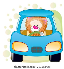 Cute Lion is sitting in a car 