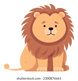 Cute lion sitting with fluffy mane smiling over white