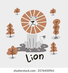 cute lion sitting in the forrest for poster and cover