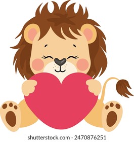 Cute lion sitting holding a big heart
