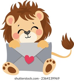 Cute lion sitting holding a envelope
