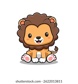 Ícone De Personagem De Animal De Mascote Sentado De Leão Bonito Ilustração. Estilo de Desenho Animado Plano Adequado para Página Inicial Web, Banner, Adesivo, Cartão