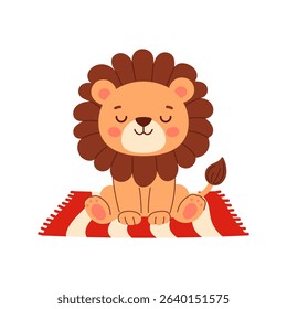 Cute lion sitting on a beach towel and sunbathing. Flat vector illustration of a smiling lion in a simple children's style, isolated on a white background