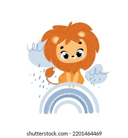 Cute lion sitting on a rainbow. Vector print for children room, fabric, paper, greeting card, postcard, card, t shirt, poster, textile. Vector illustration