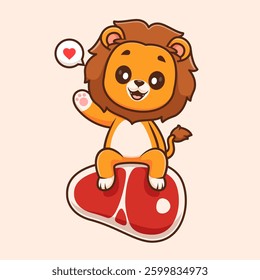 Cute Lion Sitting On Steak Meat Cartoon Vector Icon Illustration. Animal Food Icon Concept Isolated Premium Vector. Flat Cartoon Style