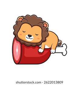Cute Lion Sleep on Meat Mascot Animal Character Icon Illustration (em inglês) Portal da arte Portal dos Estados Unidos Estilo de Desenho Animado Plano Adequado para Página Inicial Web, Banner, Adesivo, Cartão