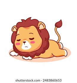 Cute Lion Sleeping Cartoon Character. Adorable and Kawaii Animal Icon Mascot Concept Design. Logo Vector Illustration. Isolated White Background.