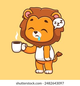 Cute Lion Sleepy Holding Coffee Cartoon Vector Icon Illustration. Animal Drink Icon Concept Isolated Premium Vector. Flat Cartoon Style